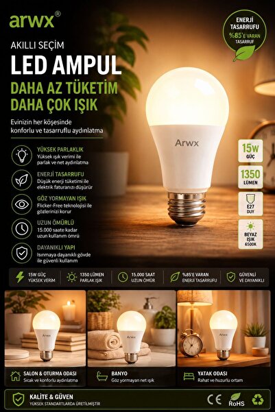 ARWX LED AMPUL %80 ENERJİ TASARRUFU 10 WAT 6500K 900LM 7 ADETT