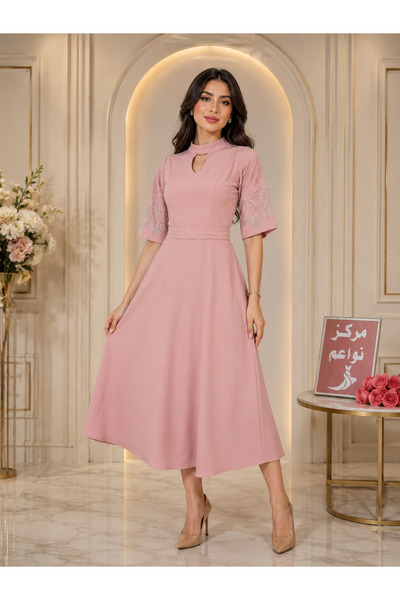 NAWAEIM Elegant Pink Midi Evening Dress, Barbie Fabric, High-End Cloche Cut.