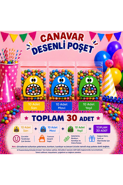 CarpCorn 30 Adet Sarı-Mavi-Yeşil Renkli Canavar Desenli Cake Pop & Kurabiye P...