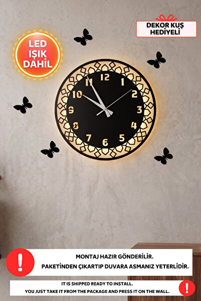Dekorvin Led Işıklı Minimalist Duvar Saati Sessiz Dekoratif Modern Siyah Ahşa...