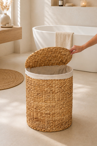 Wicker Water Hyacinth Model D Light Color Laundry Basket Organizer with Oversized Lid