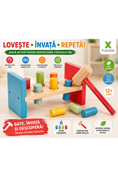 WOOD Jucărie Montessori din Lemn cu Ciocan, Banc Educativ cu 6 Piese Dezvolta...
