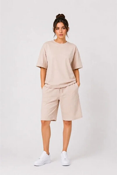 Butik Bottom Top Set Two Yarn Fabric Crew Neck T-Shirt with Pockets and Knee ...