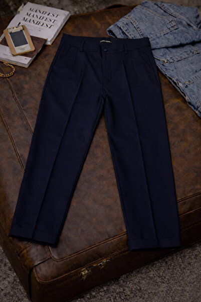 DAMGA JEANS Men's Casual Cotton Double-Legged Loose Navy Blue Fabric Trousers