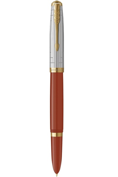 Parker قلم حبر فاخر 51 مع حواف ذهبية، لون أحمر ناري