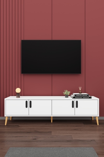 asratrend Modern TV Ünitesi %100 MDF 4 Kapaklı Ahşap Ayaklı Televizyon Sehpas...