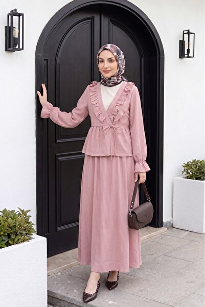 Modamorfo Kimono Set with Ruffled Collar and Tie-Front Skirt - Pink