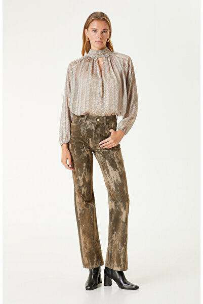 Network Haki Flok Baskılı Boot Cut Denim Pantolon