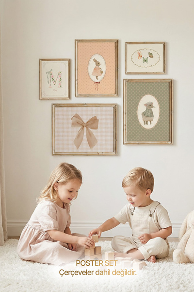 leilart Vintage pastel tonlarda tavşan, kuzu ve çiçek temalı 5’li Çerçevesiz