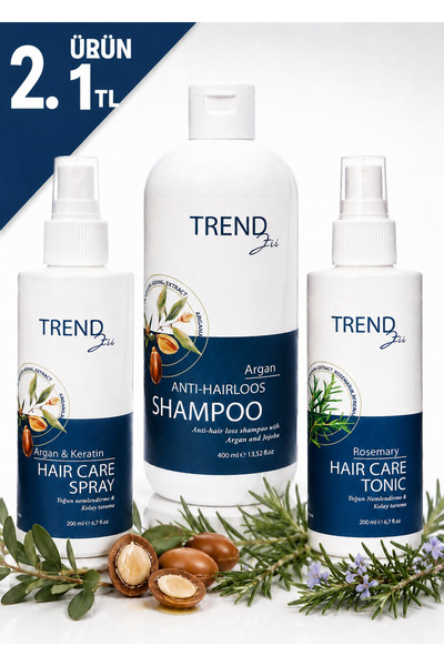 Trendzii Saç Bakım Seti 3’lü – Biberiye Toniği, Argan Şampuan ve Keratin Sprey |