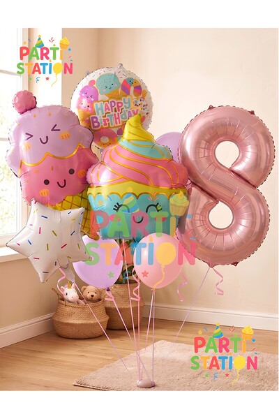 Parti Station Cupcake Dondurma 8 Yaş Balon Set Şeker Dondurma Candy Balon İce...