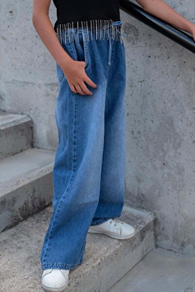 Breeze Pantaloni din denim pentru fete, cu șireturi, cu talie elastică, 7-12 ...