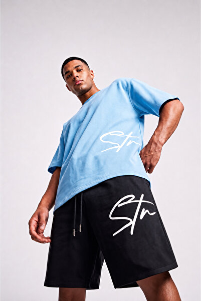 EFFRENATU Str Men's T-Shirt Shorts Set - Text Printed Oversize Blue-Grey Black
