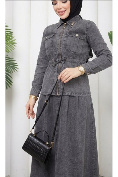 Eseyti Smoked Denim Hijab Jacket and Skirt Combination Set