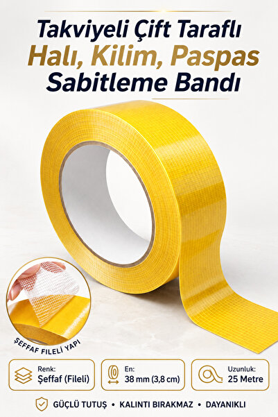 NZB 25 Metre Çift Taraflı Takviyeli (1 Adet) 38 Mm Güçlü Yapışkanlı Fileli Ka...