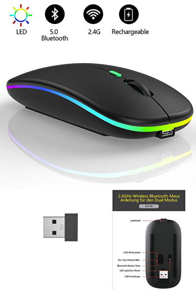 MAXGO 3147 Kablosuz Bluetooth Mouse Rgb Ledli Işıklı Şarj Edilebilir Sessiz K...