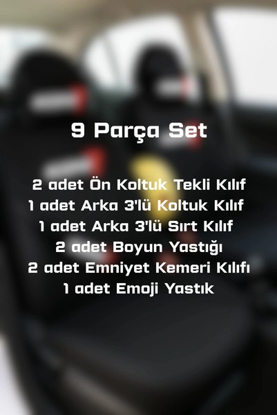 TKY Tasarımı Kendin Yap KONI 9 Parça Oto Koltuk Kılıf Seti (Ön + Arka Set, 2 Boyun Yastığı, 2 Kemer Kılıfı, Emoji Yastık)