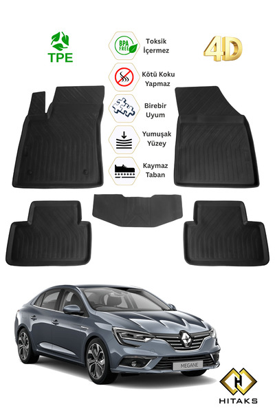 Hitaks Renault Megane 4 Sedan Paspas 2016 Sonrası Uyumlu Oto Paspas Seti Kaym...