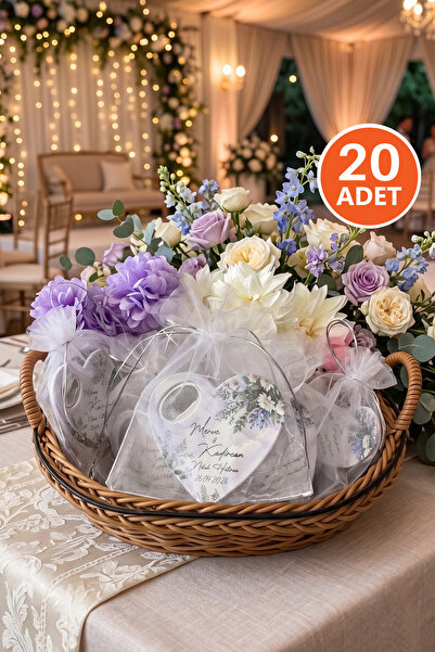 Kreadecor Kişiye Özel İsimli Kır Çiçeği Desenli Tül Keseli Kalp Açacak Magnet...