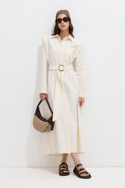 Manuka Belt detail long sleeved dress natural