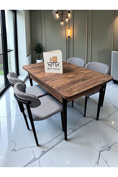 MSY HOME 4 Kişilik LinaA.Gri 80*130 Antik Çam Açılır Masa Sandalye Seti (Mode...