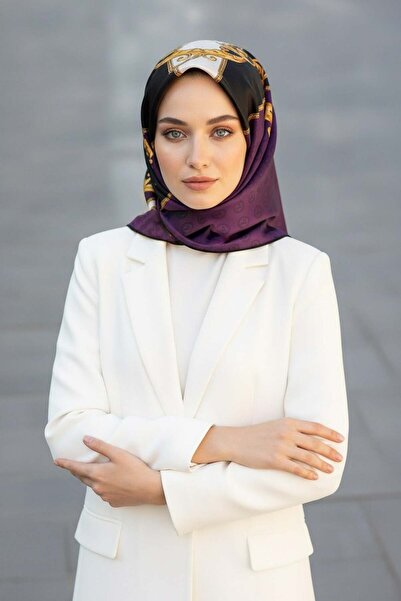 Vissona %100 Twill İpek Monogram Ve Barok Desenli Mürdüm - Siyah Renkli 90x90...