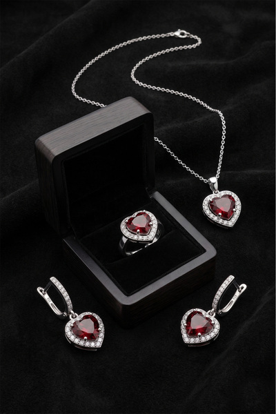 Roza Silver 925 Ayar Lal Taşlı Rodyum Pırlanta Işıltılı Kalp 3'lü Gümüş Set-T...