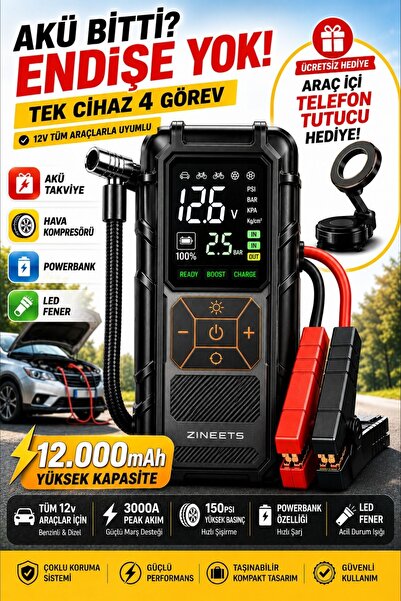 Zineets Pro Taşınabilir Dijital Göstergeli Araç Lastik Sişirme Ve Araç Takviy...