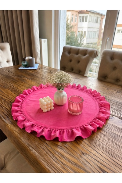 Decamor home İnci Kadife Dokulu Fuşya Pembe Yuvarlak Fırfırlı Dekoratif Örtü ...
