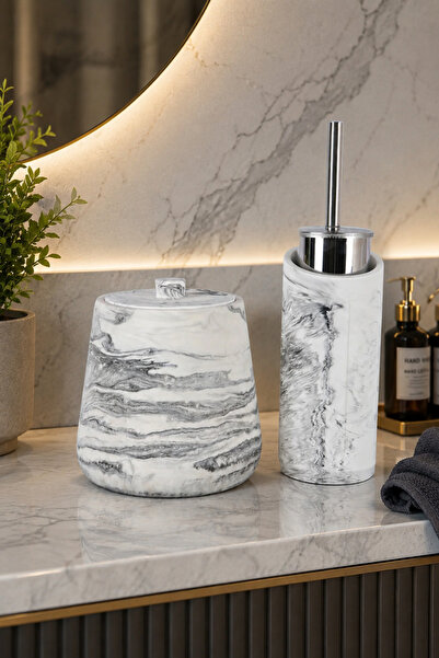betonmall 4 Parça Mermer Desenli Beton Banyo Wc Seti Tuvalet Fırçası Çöp Kova...