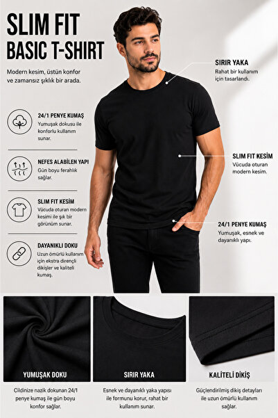 Erkek Slim Fit Siyah Bisiklet Yaka Pamuk Penye Günlük Rahat Basic Tişört