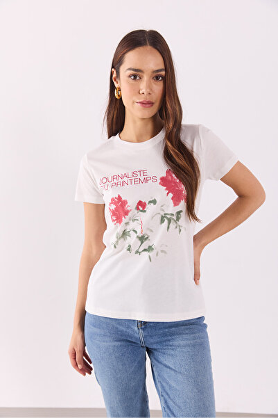 VENA Kadın Flower Baskılı Tişört %100 Pamuk - Fildişi