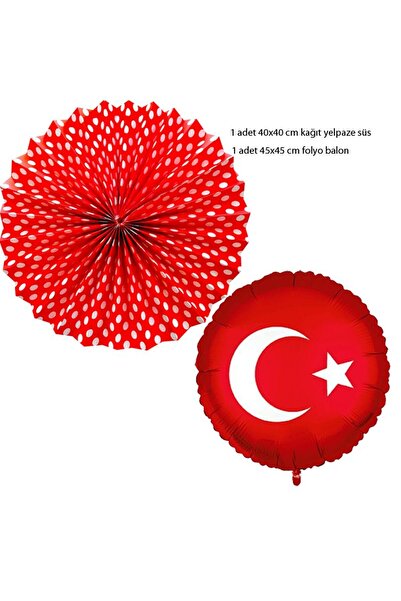 partidolu Kırmız Beyaz Yelpaze ve Türk Bayrağı Balon Milli Bayram Gösteri Seti