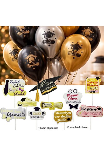 partidolu Grad Karton El Tutacaklı Pankart ve Lateks Mezuniyet Balonları Set 10