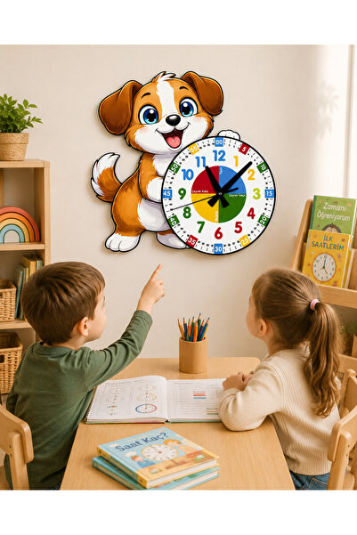 karbonsoft Cute Dog Montessori Kids' Room Educational Wooden Wall Clock - Sil...