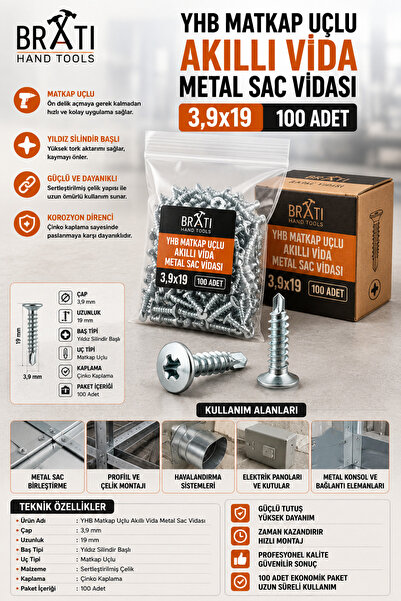 Genel Markalar Yhb Matkap Uçlu Akıllı Vida Metal Sac Vidası 3,9X19 ( 100 Adet )