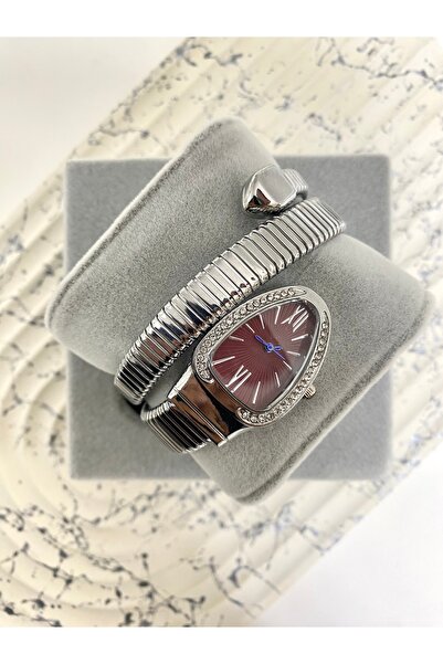Mazzy Vintage Yılan Model Gümüş İçi Bordo Kadın Kol Saati