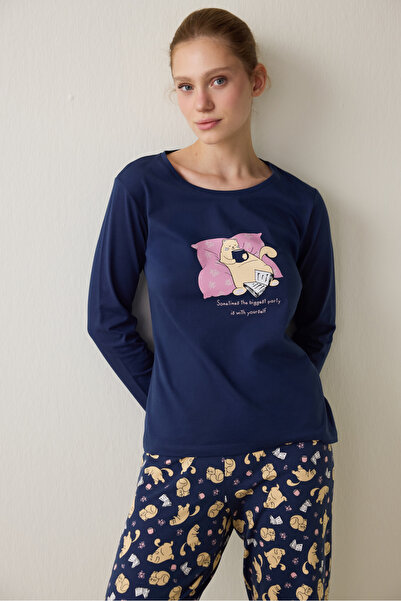 Penti İndigo Sleepy Cat Bisiklet Yaka Pamuklu Uzun Kollu Pijama Takımı