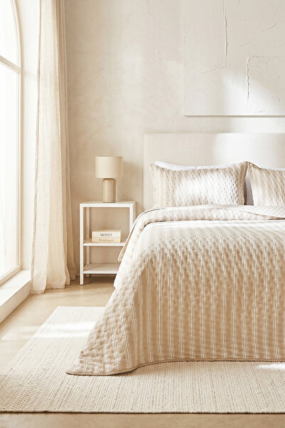 Ocean Home Textile Pamuklu Kapitoneli Bej Renk Çizgi Desen Çift Kişilik Yatak...