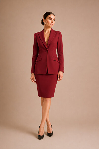 PEARL Bordo Blazer Ceket Etek Takım - Kadın Ofis Şık Takım Elbise Business Ca...