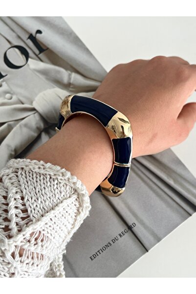 BusradanDesign Gold and Navy Blue Detailed Square Handcuff Bracelet 6 cm