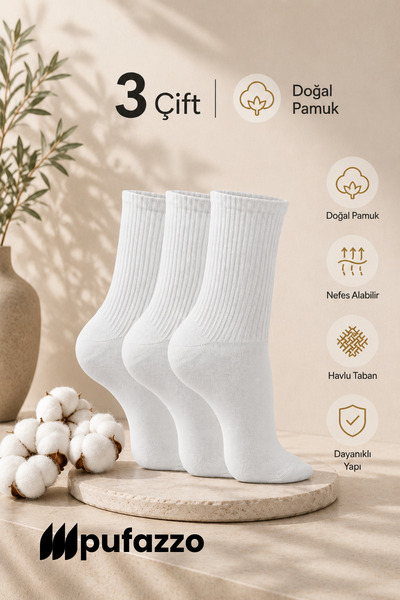 PUFAZZO Set de 3 șosete sport albe pentru femei - șosete din bumbac natural |...
