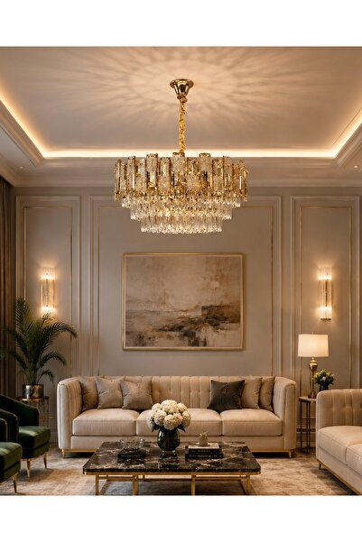 Led 50 CM KRİSTAL LÜX SALON AVİZE GOLD İTHAL KASA