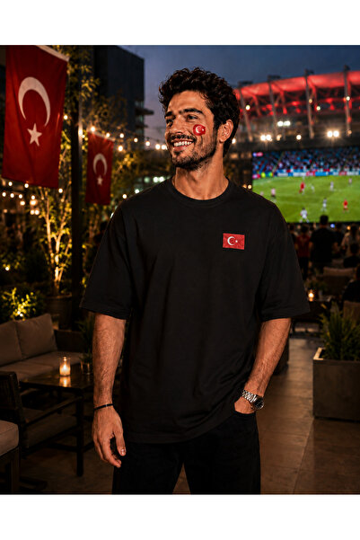Vela Rossa Home Turkish Flag Embroidered Black Oversize Unisex T-Shirt 30/1 N...