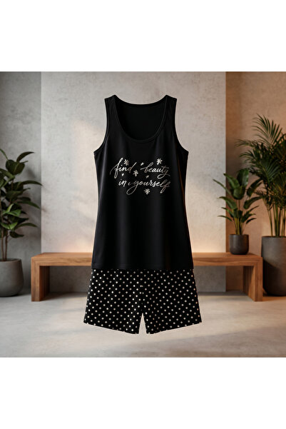 Lady Lingerie 93% Cotton 2-Piece Pajama Set - Polka Dot Shorts and Black Top ...