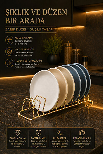 Magic Objects 9 Bölmeli Tezgah Üstü Gold Kaplama Bulaşıklık Tabaklık, Metal T...