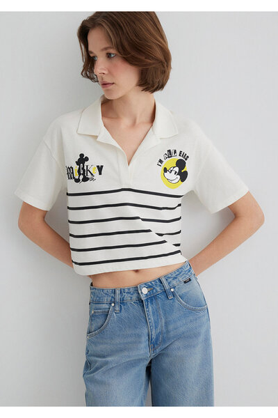 Mavi Mickey Mouse Baskılı Çizgili Tişört Regular Fit / Normal Kesim 1612853-8...