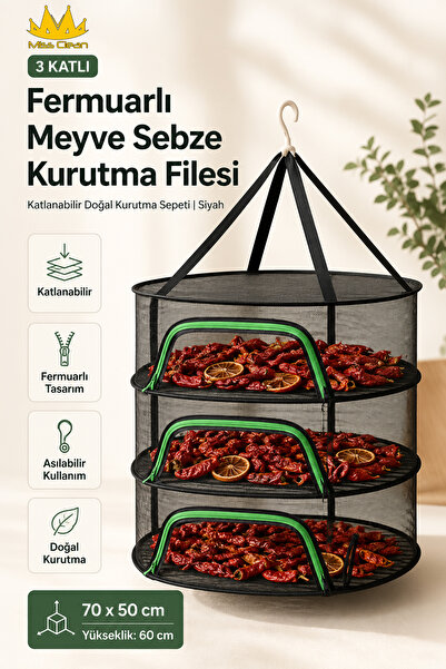 Miss Clean ( 3 KATLI ) Fermuarlı Meyve Sebze Kurutma Filesi | Katlanabilir Do...