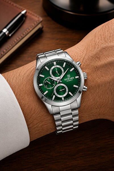 Reward Men's Silver Metal Cord Green Dial Wristwatch with 2 Year Warranty
