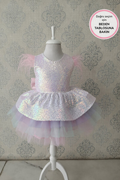 Kidstore Çocuk Pembe Pulpayet Ve Omuzlarında Tüy Detaylı Unicorn Elbise